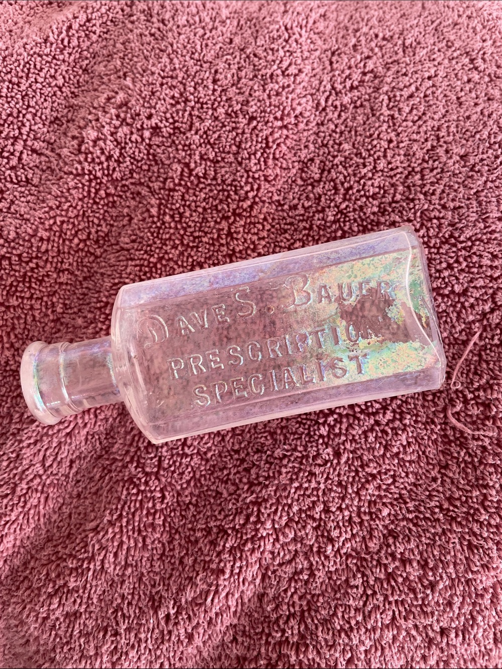 Dave S. Bayer Prescription Specialist Embossed Glass Bottle - Pink Iridescent